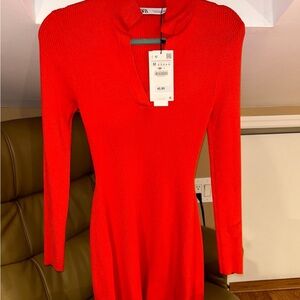 Zara Red Ribbed Sheath Dress V-Neck Long Sleeve